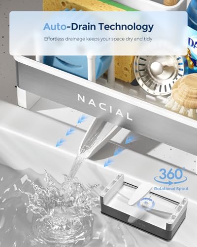 Nacial Sponge Holder for Kitchen Sink, Sink Caddy Organizer with High Brush Holder & Two Towel Racks - Rustproof 304 Stainless Steel Kitchen Countertop Storage Essentials - White - color: White