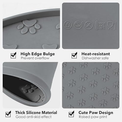Silicone Pet Food Mat - Waterproof Dog Food Bowl Mat Cat Feeding Mat Thicker Pet Placemat Eating Mat with High Lip to Prevent Spills, Dog & Cat Water Bowl Mat for Messy Drinkers to Protect Floors，Gray - color: Grey