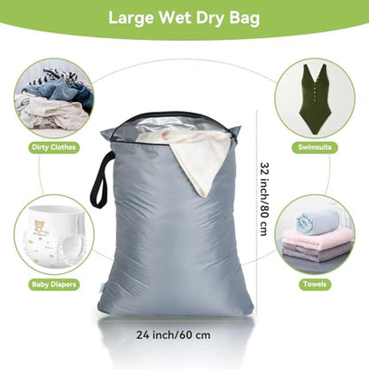 OTraki 2Pcs Exlarge Wet Bag 24x32 inch Reusable Waterproof Wet Dry Bag with Zipper Handle Wet Clothes Washable Laundry Bag for Travel Swimsuit Beach Drying do not exceed 176℉ Black & Grey | Dirty Clothes Bags with Zipper Handle Washable Laundry Bag for Tr