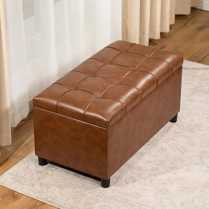 Asense Storage Ottoman Bench,Faux Leather Upholstered Ottoman with Storage,End of Bed Bench with Safety Hinge,for Entryway,Bedroom,Living Room - color: 32" Cognac Brown Faux Leather