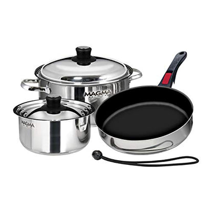 Magma 7 Piece Gourmet Nesting Stainless Steel Cookware Set with Ceramica Non-Stick, Induction Compatible, Oven Safe to 500°F - Suitable for All Stovetops, Removable Handles, Stainless Steel - color: Stainless Steel, style: 7 Piece, Non-stick