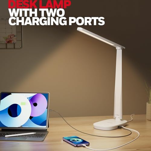 Honeywell HWT-H2 LED Desk Lamp for Home Office, CRI94 Full Spectrum Eye-Caring Light, Dimmable Table Lamp with USB-A & USB-C Charging Ports, Foldable Touch Control Reading Lamp, White - color: White