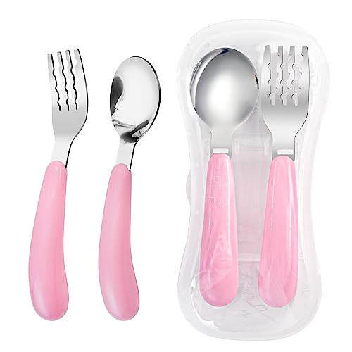 VANRA 2 Pieces Toddler Fork and Spoon Set with Travel Case 18/8 Stainless Steel Toddler Utensils Kids Silverware Children Flatware Child Cutlery Set for School Lunch Box (Pink) - color: Pink
