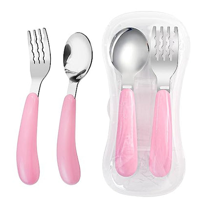 VANRA 2 Pieces Toddler Fork and Spoon Set with Travel Case 18/8 Stainless Steel Toddler Utensils Kids Silverware Children Flatware Child Cutlery Set for School Lunch Box (Pink) - color: Pink