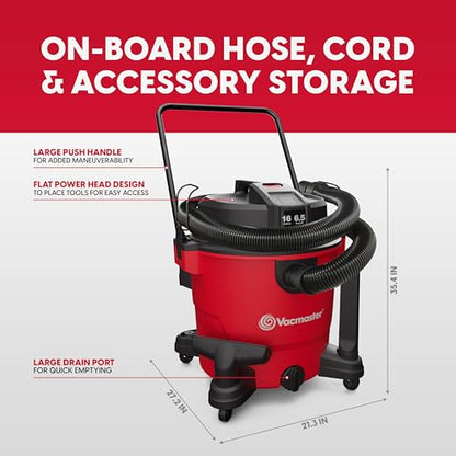 Vacmaster 16-Gallon 6.5 Peak HP† Wet/Dry Vacuum – VJH1612PF 1101, Red - size: 16 Gallon