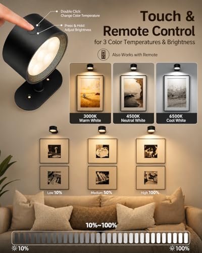 Picture Lights for Wall, 2000mAh Rechargeable Magnetic Art Lights with 3 Color Temps & RGB, Remote Dimmable Battery Operated Wall Light for Bedroom, Living Room, Gallery (Black, 6 Pack) - color: Black