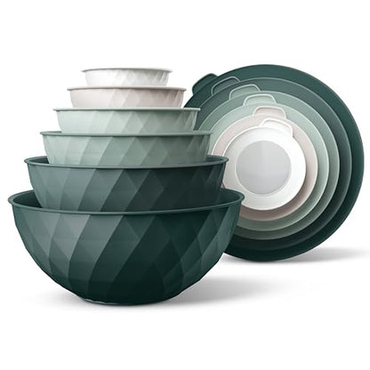 COOK WITH COLOR Mixing Bowls with Lids - 12 Piece Plastic Nesting Bowls Set includes 6 Prep Bowls and 6 Lids, Microwave Safe Mixing Bowl Set, Green Diamond - color: Green Diamond