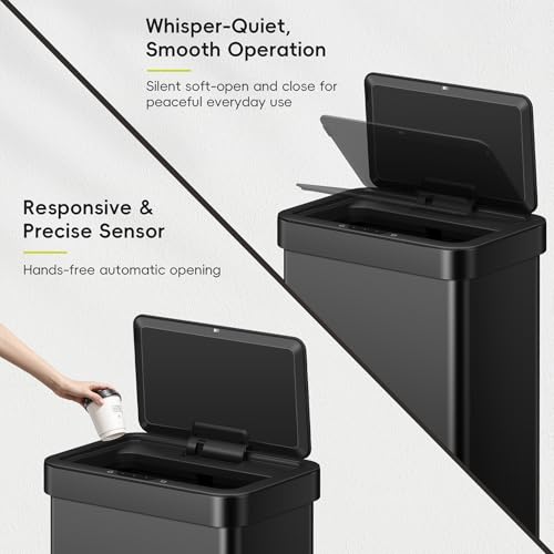 EKO EcoNova 13.2 Gallon/ 50L Automatic Sensor Kitchen Trash Can, Stainless Steel Touchless Garbage Bin with Soft-Close &Stay-Open Lid, Fingerprint-Resistant, Matte Black - size: Nova 50L- Matte Black