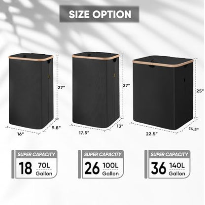 BALEINE Laundry Hamper with Lid, Tall Laundry Baskets with Bamboo Pull Handles, Large Laundry Bin with Internal Support (26Gal/100L, Carbon Black) - color: Carbon Black, size: 100 liters