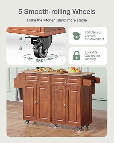 Qsun Kitchen Island with Drop Leaf and Storage, on Wheels Two Drawers, Large Storage Cabinet, Towel Rack Spice Cart Brown - color: Brown