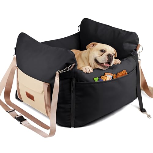 Dog Car Seats for Small Dogs, 2-in-1 Pet Booster Seat with Side-Zip Expandable Bed, Handles and a Storage Pocket, Clip-On Safety Leash and PP Cotton Filling, Vehicle Bed for Puppy up to 25 lbs (Black) - color: Black