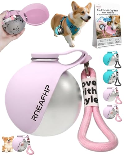 Dog Water Bottle with Bowl 2-in-1 Portable Leak Proof 10 OZ Puppy Travel Drink Dispenser for Large Medium Small Breeds Stainless Steel Hydration Tumbler Buddy Cup for Dogs Pets Outdoor(Pink A) - color: Pink A