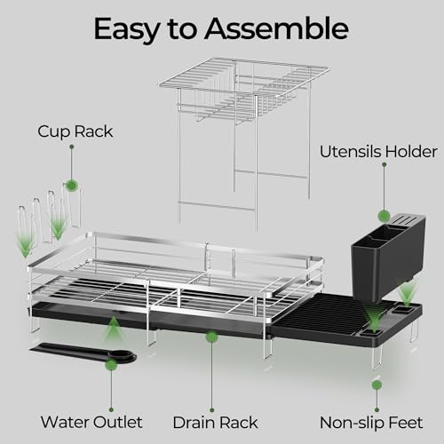 Large 2 Tier Dish Drying Rack, Extendable Dish Rack, Stainless Steel Anti-Rust Dish Rack for Kitchen Counter, Multifunctional Dish Drainer with Utensil & Cup Holder, 13.4"-28.7" L x 11.8" W - color: Silver, size: 2 Tier