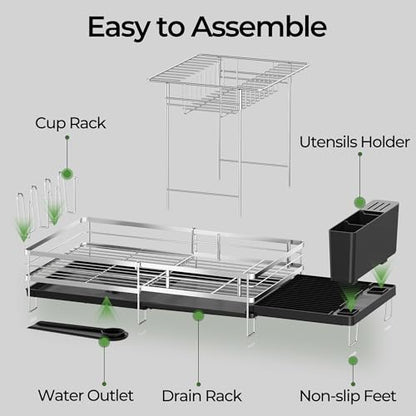 Large 2 Tier Dish Drying Rack, Extendable Dish Rack, Stainless Steel Anti-Rust Dish Rack for Kitchen Counter, Multifunctional Dish Drainer with Utensil & Cup Holder, 13.4"-28.7" L x 11.8" W - color: Silver, size: 2 Tier