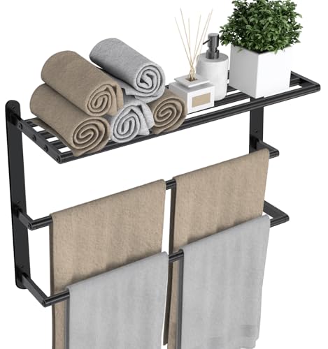 VOTZAAQ Towel Racks for Bathroom, 24 in Black Towel Shelf with Double Towel Bar, 3 Tier Stainless Steel Towel Storage, Bath Towel Holder Wall Mounted for Lavatory Organizer Decor RV Camping - size: 24inch