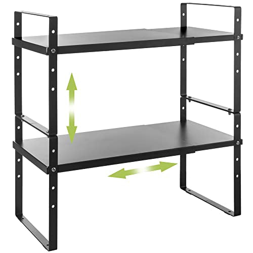 Across-Star Expandable Cabinet Shelf Organizer Rack, Stackable Kitchen Counter Storage Shelves Stand, Adjustable Height Pantry Shelf Spice Rack - color: Black-2 Pack, size: 10.24''D*16.14-25.59''W*10.24''H