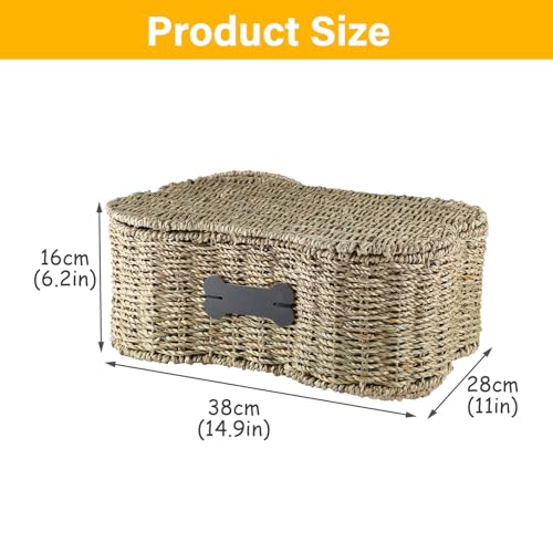 Seagrass Wicker Baskets for Dog Toys,Bone Shaped Dog Toy Bin with Lid,Personalized Dog Toy Organizer Boxes for Living Room,Farmhouse Handmade Pet Dog Storage,Dog Stuff Organizer
