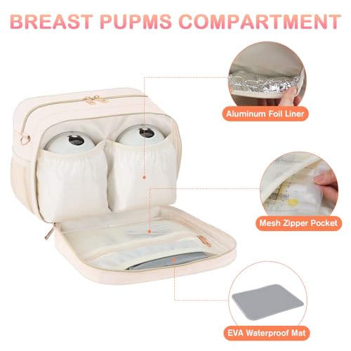 PIIOSER Breastmilk Cooler Bag with Ice Pack, Fits 6 Baby Bottles Up to 9 Ounce, Insulated Bottle Travel Bags with Shoulder Strap-Wearable Breast Pump Carrying Case for Nursing & Working Moms - color: Cream
