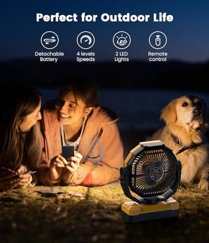 36000mAh Portable Camping Fan - 120HRS Rechargeable Fan with Detachable Battery with LED & Remote - 4 Speeds Battery Powered for Tent,Travel, Office, Jobsite - color: Yellow2
