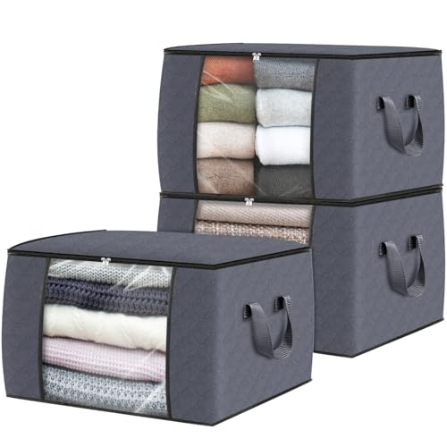 Fab totes Storage Bags,Clothes Blanket Storage Bins Foldable Closet Organizers with Reinforced Handle for Home Dorm Storage and Organization,Fabric Bags for Organizing Sheets,Clothing (Grey,3 Pack) - color: Grey, size: 3 Pack-60l
