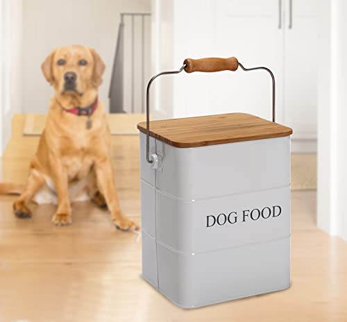 Morezi Dog Treat and Food Storage Tin with Wooden Lid and Scoop Included - White Powder - Carbon Steel - 5 lbs Capacity - Pet Food Container Storage Canister - color: White