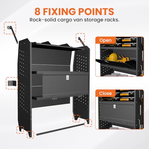 Adjustable Cargo Van Shelving with Lockable Door and Hooks, Heavy Duty Steel Storage 32" W x 46" H x 13" D, Fits Transit, ProMaster, Chevy Express, GMC Savana, Sprinter, Low/Mid/High Roof - size: 32" W x 46" H x 13" D