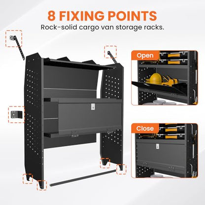 Adjustable Cargo Van Shelving with Lockable Door and Hooks, Heavy Duty Steel Storage 32" W x 46" H x 13" D, Fits Transit, ProMaster, Chevy Express, GMC Savana, Sprinter, Low/Mid/High Roof - size: 32" W x 46" H x 13" D