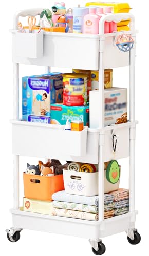 SUNALLY Baby Diaper Caddy Cart, 3 Tier Rolling Diaper Cart with Lockable Wheels for Nursery Essentials, Large Capacity & Easy Assemble Diaper Storage Organizer for Newborn,New Mom, White - color: White