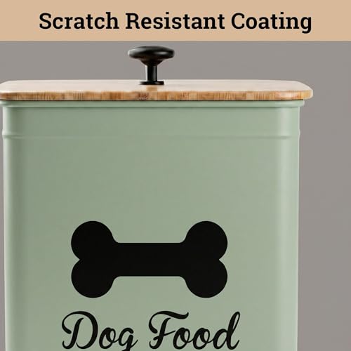 Dog Food Container Airtight 5-7 lb (25 Cup) Capacity - Cute Airtight Dog Food Storage Container with Bamboo Lid & Sturdy Metal Handle - Green Metal Kibble Storage Bin for Dogs up to 50 lbs - Pet Jar - color: Sage Green
