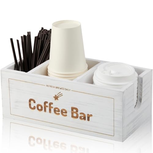 Coffee Station Organizer for Countertop - Wood Cup Holder & Condiment Caddy Multi-Compartment Tray for Pods, Cups Lids, Stirrers & Coffee Bar Accessories, Vintage Farmhouse Decor - White - color: Distressed White