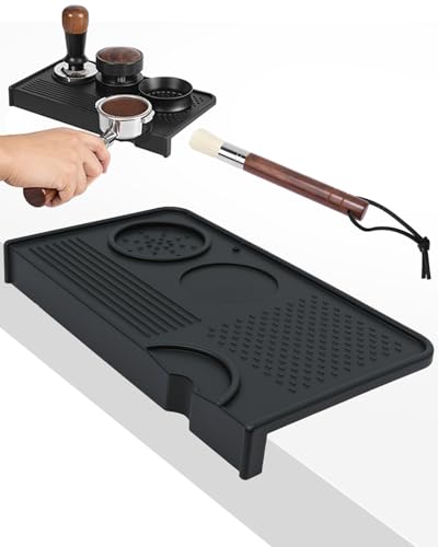 1+1 PACK Espresso Matt for Counter, Silicone Coffee Tamping Mat with Ebony Wood Boar Bristle Brush, Black Barista Mat for Counter, Tamping Station for Coffee Machine Accessories - color: Black Mat & Brush for Coffee Grinder