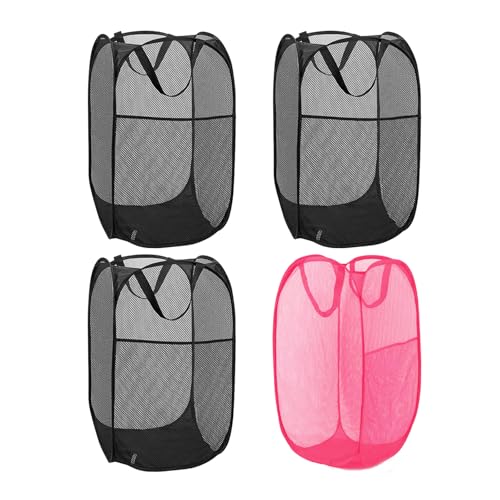 4Pcs Pop Up Laundry Hamper – Large 70L Collapsible Mesh Basket for Home, College Dorm & Apartment, Foldable Lightweight Hamper with Handles & Side Pocket (3 Black + 1 Pink) - color: 3 Black with 1 Pink