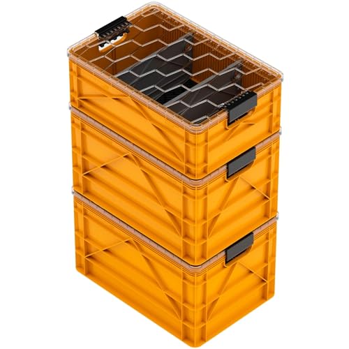 SIDIO CRATE Pro Pack - Two Full Size and One Half Size Heavy Duty Stackable Storage Bins, Totes and Containers with Lids and Dividers - Durable Organizer for Home, Office, Garage, and Outdoor Use - color: Sol