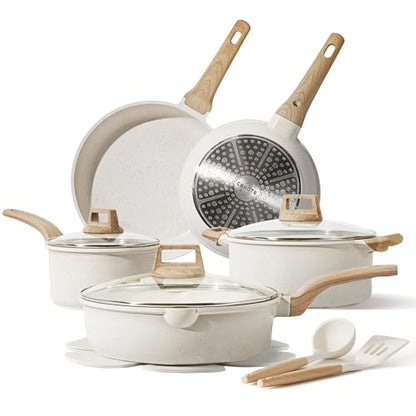 CAROTE 14 Pcs Pots and Pans Set Nonstick,Cookware Set Kitchen Cooking Set with Utensil and Pan Protectors - color: Cream White, size: 14 Piece
