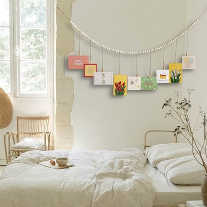 Kuailiahai 2pcs Hanging Photo Display Wooden Beads Wall Decor with 18 Wooden Clips, 57inches Boho Clip Photo Holders for Bedroom, Living Room Decor, Teen Girl Gifts
