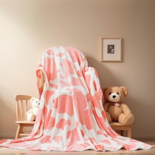 Richave Fleece Cow Print Blanket for All Season - Premium Lightweight Anti-Static Pink and Ivory Throws Travel Blankets Plush Gift for Daughter Mom, Bedroom Decor 51" x 60"(Pink Cow) - color: Pink Cow, size: Travel (50-Inch-by-61-Inch)