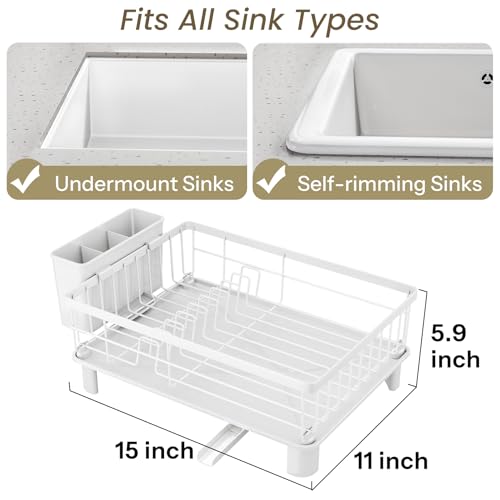 SNTD Dish Drying Rack - Small Dish Rack for Kitchen Counter, Stainless Steel Dish Drainer with Utensil Holder and Drainboard, 11" W x 15" L (White) - color: White, size: 11" W x 15" L