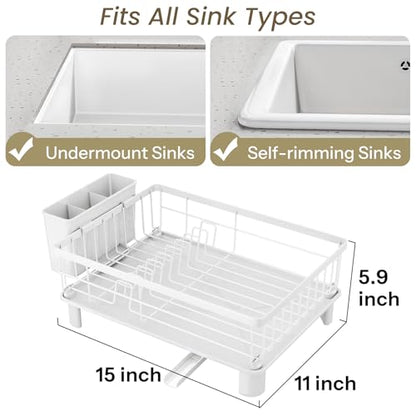 SNTD Dish Drying Rack - Small Dish Rack for Kitchen Counter, Stainless Steel Dish Drainer with Utensil Holder and Drainboard, 11" W x 15" L (White) - color: White, size: 11" W x 15" L