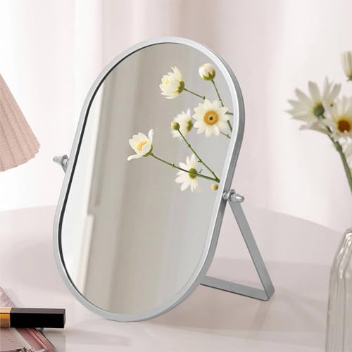 Bathroom Rectangle Desktop Makeup Mirror with Silver Metal Standing 180° Rotation Vanity Table Mirror Portable Cosmetic Mirror for Dressing Room Bedroom - color: Silver, size: 11"L x 7"W