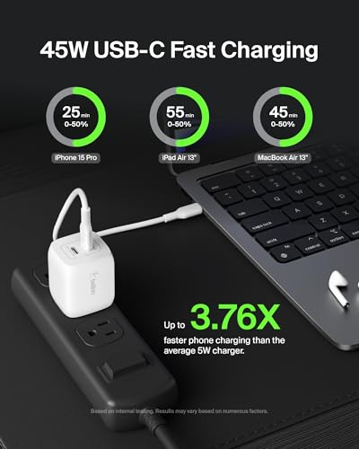 Belkin Dual Port Charger Block 45W - C to C Cable Inlcuded - GaN PD3.0 Super Fast Charging - Samsung Galaxy S25, MacBook, iPhone 17, iPad, AirPods, Google Pixel 10, Nintendo Switch 2 & More - White - style: 45W White + USB-C Cable