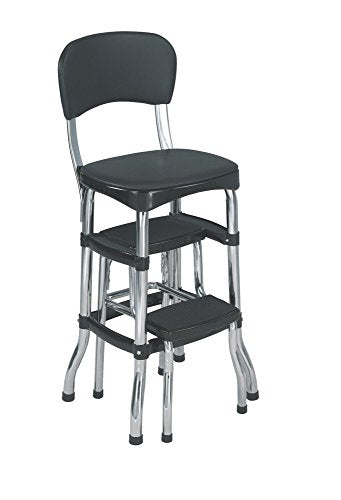 COSCO Retro Plastic & Vinyl Upholstered Stylair Retro Counter Height Chair with Step Stool, Comfortable Cushioned Seat and Back, in Black & Chrome Finish - color: Black