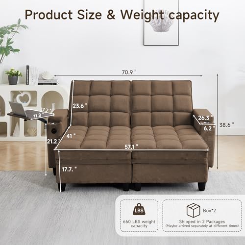 oaaktu 70.9-inch Double Lounge Chair with 360 Degree Rotating Side Table, armrest Storage Space, Ultra Fast Charging USB Port, Living Room or Bedroom Pillows - color: Coffee