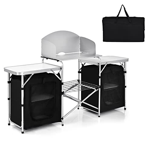 GYMAX Folding Camping Table, Portable Kitchen Table with 2 Zipper Organizer Shelf & Wind Screen, Foldable Cooking Table for Camping Hiking Picnic BBQ (Black) - color: Black