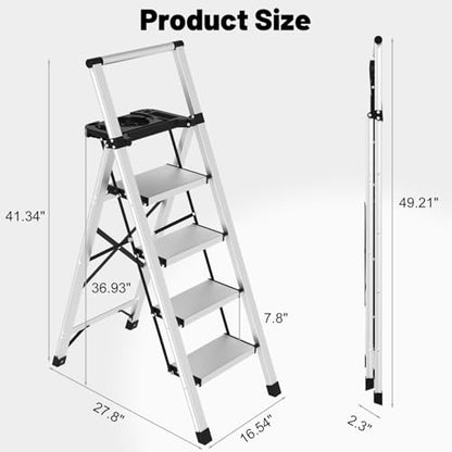 4 Step Ladder with Tool Tray - 600lbs Heavy Duty Lightweight Step Stool with Extended Handrails, Work Platform for Home Maintenance & DIY Projects - size: 4 steps with tray