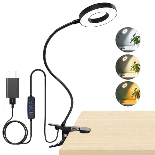 Brokimis Clip on Light LED Reading Book Study Lamp 3 Color Modes 10 Brightness Eye Protection 360° Flexible Gooseneck Student Dormitory Office Desk Lamp at Night in Bed - color: Black with Adapter