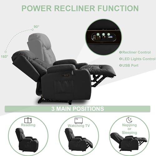 TUNYI Power Recliner Sofa with Massage & Heat Home Theater Seating with Console RV Recliner Sofa with USB/Storage/Side Pocket/LED Light (Black, 1PC) - color: Black, size: 1 Seat