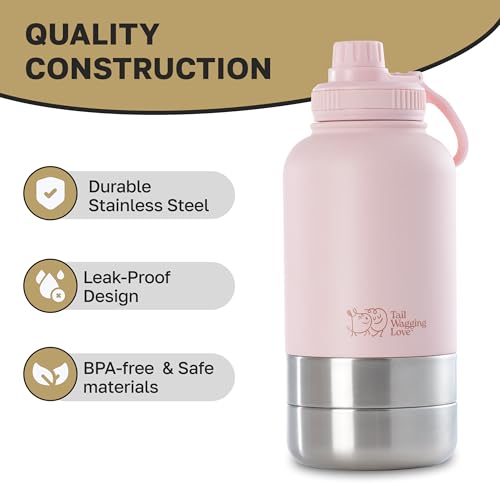 32oz 3-in-1 Travel Water Bottle for Dogs & Humans, Dual Use, Stainless Steel, Keeps Water Hot 6hrs/Cold 12hrs, Leak-Proof with Detachable Food & Water Bowls, Perfect for Travel
