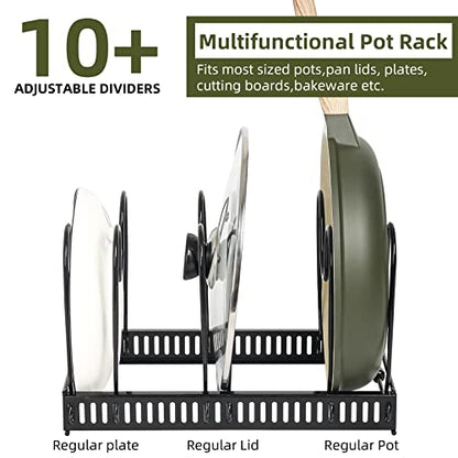 ROOHUA Pot Rack -Expandable Pan Organizer for Cabinet, Lid Holder with 10 Adjustable Compartment for Kitchen Cabinet Cookware Baking Frying Rack - color: Black
