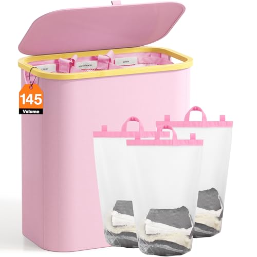 Hampers for Laundry Basket with Lid, 145L Extra Large 3 Section Clothes Divided Organizer for Bedroom, Laundry Room, Dirty Clothing Hamper, Pink - color: Pink, size: 145L