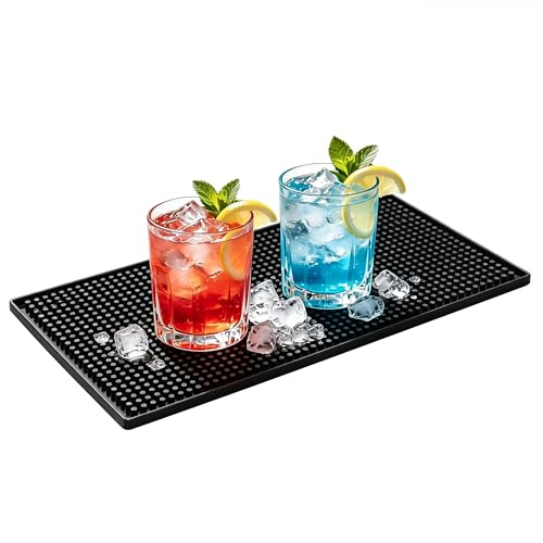 XieNie Bar Mat, 6" x 12" Black Small Coffee Mat for Home Bar Kitchen Countertop, Non-Slip Service Spill Mat for Cocktail Bartender Accessories, PVC Counter Top Cup Glasses Drying Mats, 1Pac